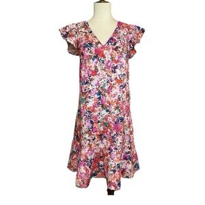 J. Crew Floral Print Ruffle Sleeve Dress Pink Multi J5421 Women’s Size 0 NWT
